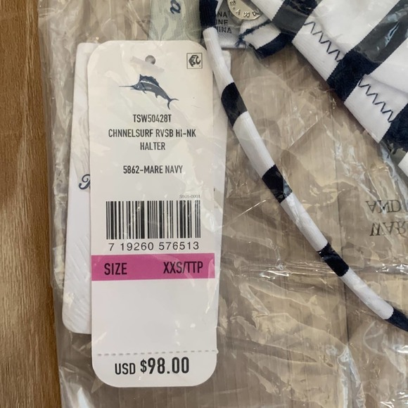 Tommy Bahama Channel Surfing Reversible High-Neck Halter Bikini Top in Mare Navy - Picture 5 of 6